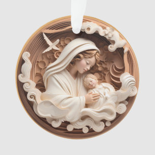 Ornamento Natividade Mary e Bebê Jesus 3d Madeira parecem br