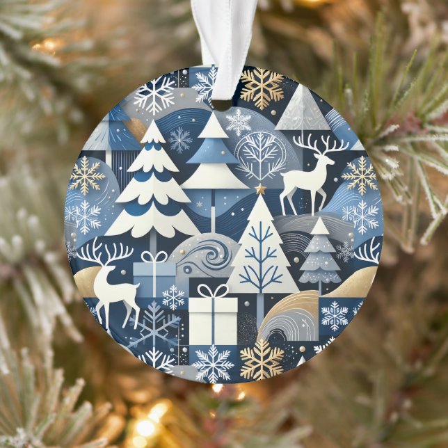 Ornamento Navy Blue Gold Nordic Christmas Forest Pattern (Árvore)