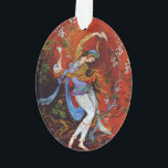 Ornamento Ninfoma Persa Miniatura Dançando<br><div class="desc">Pintura em ninfas e miniatura persa pintando uma garota persa despejando vinho de uma garota persa dançando jarra, pintura em miniatura Linda pintura de uma jovem ninfa vestindo roupa tradicional iraniana com vestes fluentes floridas, dançando e despejando vinho de jarro contra um fundo de fantasia na maioria vermelho vivo e...</div>