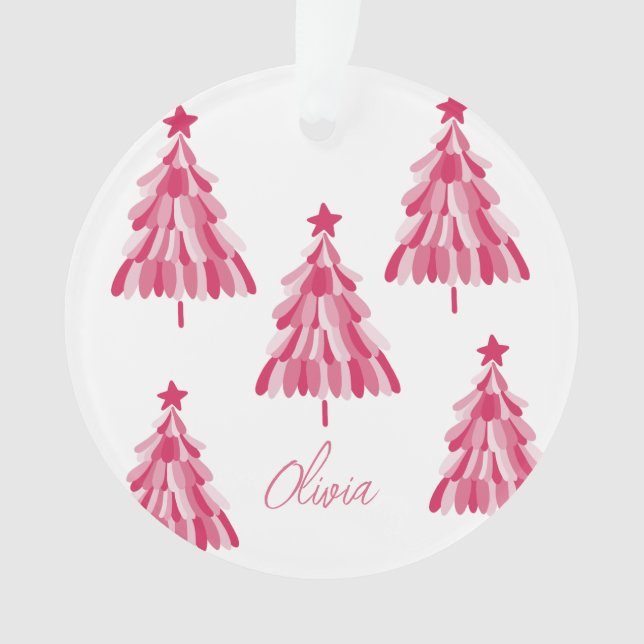 Ornamento Nome da Árvore de Natal Rosa Personalizada (Frente)