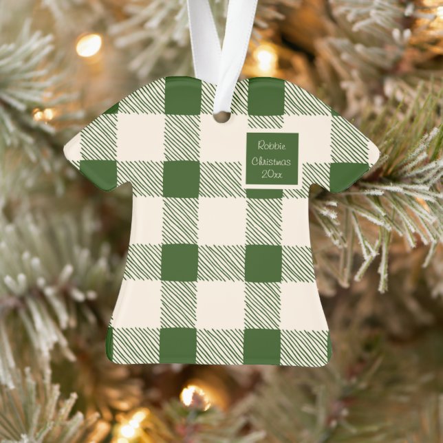 Ornamento Nome da Xadrez Verde de Natal Data Simples (Árvore)