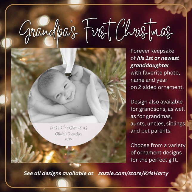 Ornamento Nome Personalizado de Foto de 1 rua de Natal do Vo (Grandpa's First Christmas with 1st or newest granddaughter. Gift him this forever keepsake.)
