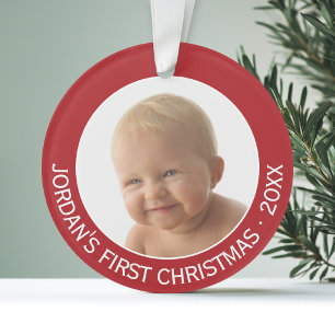 Ornamento Nome personalizado e ano da primeira foto de Natal