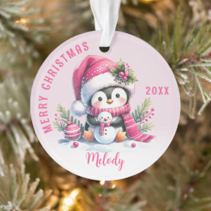 Ornamento Nome Personalizado Girly Penguin Pink Natal