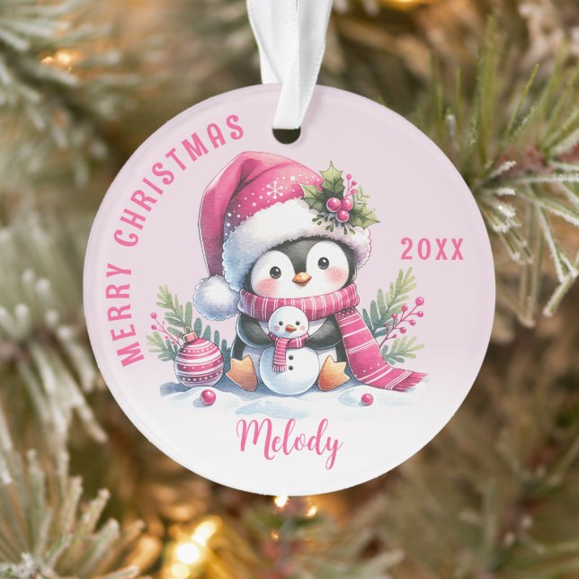 Ornamento Nome Personalizado Girly Penguin Pink Natal (Árvore)