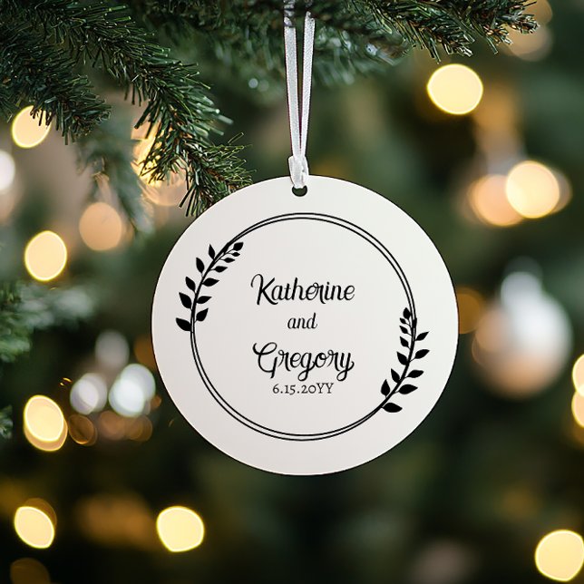Ornamento Nomes de casal | Data de Casamento Fotomia (Couple Wreath with Names Wedding Date Photo Keepsake Ornament)