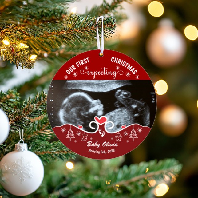 Ornamento Nossa Primeira Foto de Bebê de Sonograma Grávida d (Ultrasound baby expecting Christmas ornament)