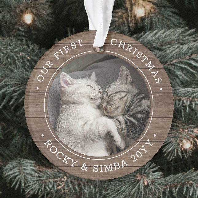 Ornamento Nossa rua de Natal 2 Pets Foto Rustic Faux Wood (Criador carregado)