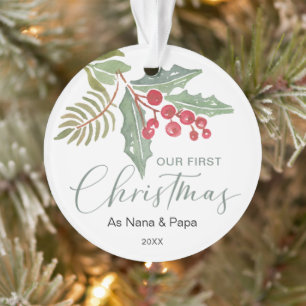 Ornamento Nosso Primeiro Natal Avós Folhagens de Inverno