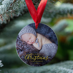 Ornamento Nosso Primeiro Natal Como Avós Folha de Ouro