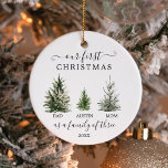 Ornamento Nosso Primeiro Natal Como Família dos Três<br><div class="desc">Lembre-se do seu primeiro Natal junto com este adorável ornamento de guardas. Esta design apresenta uma família de três árvores de Natal. Edite facilmente o nome da criança e o ano! Isso também faz um presente excelente para novos pais!</div>