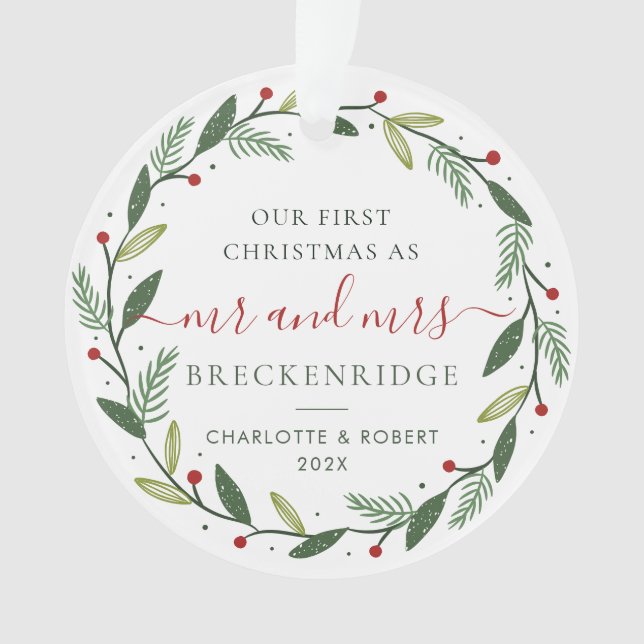 Ornamento Nosso Primeiro Natal como o Sr. e a Sra. Foto de C (Frente)