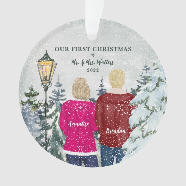 Ornamento Nosso Primeiro Natal como Sr. e Sra. Holiday (Frente)