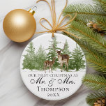 Ornamento Nosso Primeiro Natal Como Sr. E Sra. Rustic Person<br><div class="desc">Celebre uma ocasião importante com o nosso "Primeiro Natal como Sr. e Sra." Ornamento Russo Personalizado. Este Enfeites de natal personalizado é o presente perfeito para um casal recém-casado, permitindo-lhes estimar seu primeiro Natal juntos como marido e esposa. Adorado com um charmoso veado e floresta e design da natureza, este...</div>