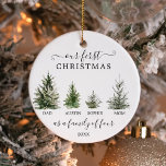Ornamento Nosso Primeiro Natal Como Uma Família De Quatro<br><div class="desc">Lembre-se do seu primeiro Natal junto com este adorável ornamento de guardas. Esta design apresenta uma família de quatro árvores de Natal. Edite facilmente o nome da criança e o ano! Isso também faz um presente excelente para novos pais!</div>