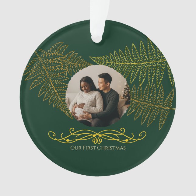 Ornamento Nosso Primeiro Natal Envolvido Elegante Dourado Fe (Frente)