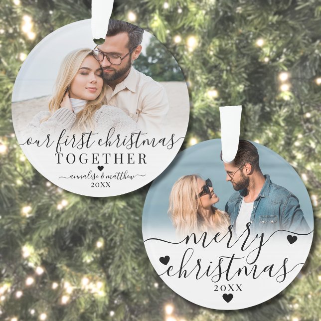 Ornamento Nosso Primeiro Natal Juntos Casal 2 Foto (Our First Christmas Together Couple 2 Photo Ornament)