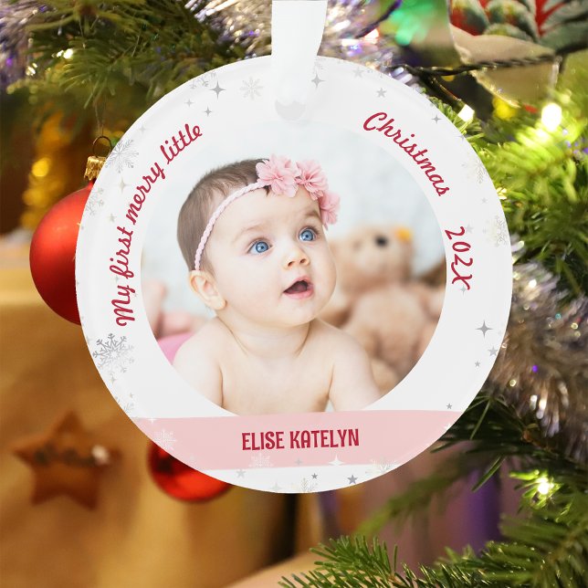 Ornamento Novo Bebê 2 Fotos Minha Primeira Feliz Pequeno Nat (Modern Elegant Cute My First Merry Little Christmas Baby Girl 2 Photos Snowflakes Stars Minimalist)