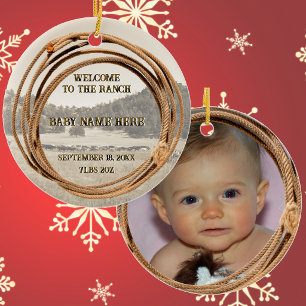 Ornamento Novo Bebê Cowboy ou Cowgirl com Lariat Acrílico