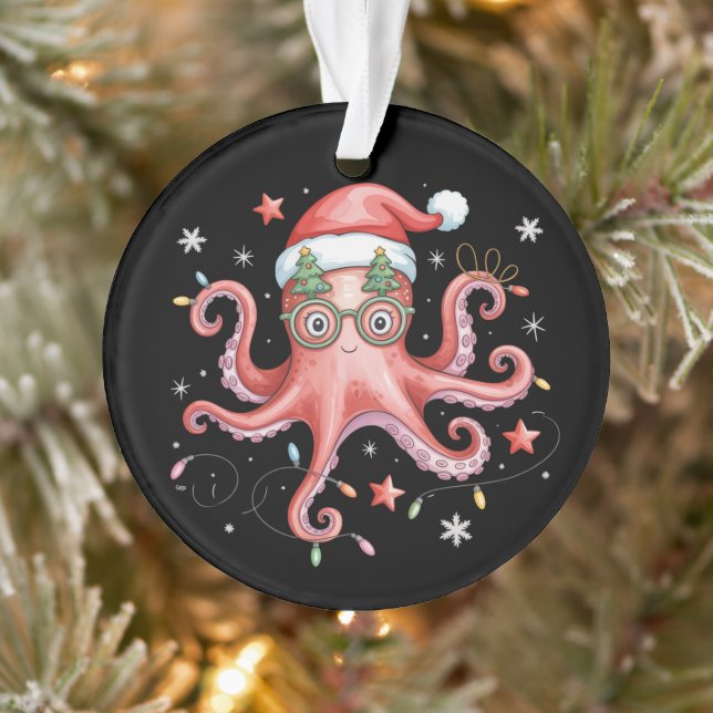 Ornamento Octopus Glasses Santa Hat Christmas Light Ocean  (Árvore)