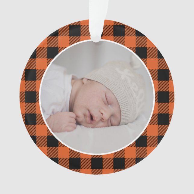 Ornamento ORANGE BUFFALO PLAID NAME Photo Christmas Keepsake (Frente)
