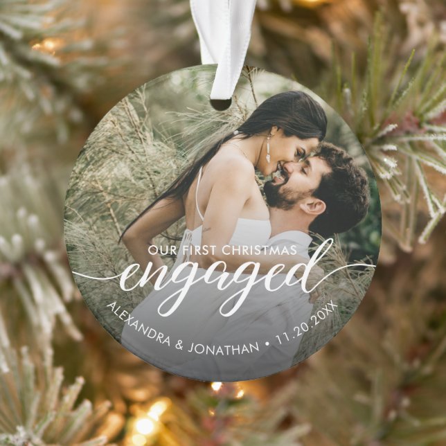 Ornamento OUR First Christmas Engaged overlay Custom Photo (Árvore)