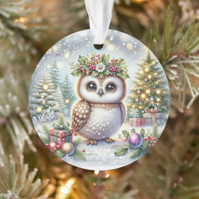 Ornamento Owl with Holly Wreath & Snowy Trees (Árvore)