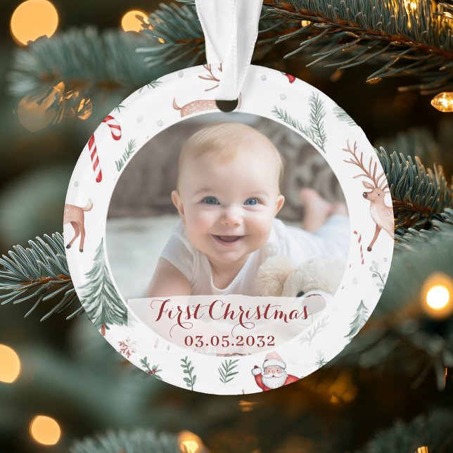 Ornamento Padrão Clássico do Primeiro Script de Natal (First Christmas Photo Script Classic Rustic Pattern Ornament)