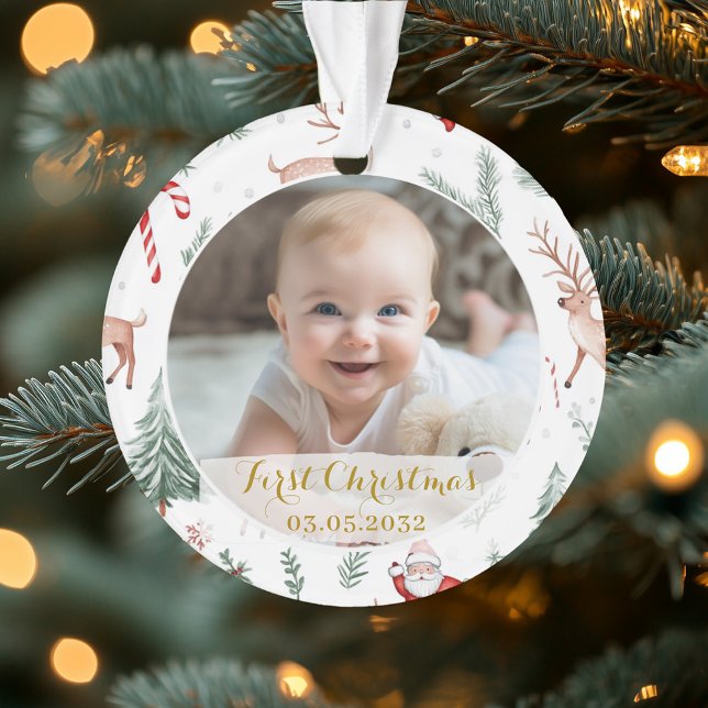 Ornamento Padrão Clássico do Script PhotoFirst Christmas (First Christmas Script Classic Rustic Reindeer & Santa Pattern. Cute Baby's First Christmas holiday )