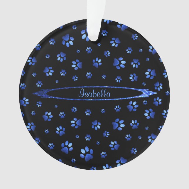 Ornamento Padrão de pata de cão brilhante azul Monograma (Frente)