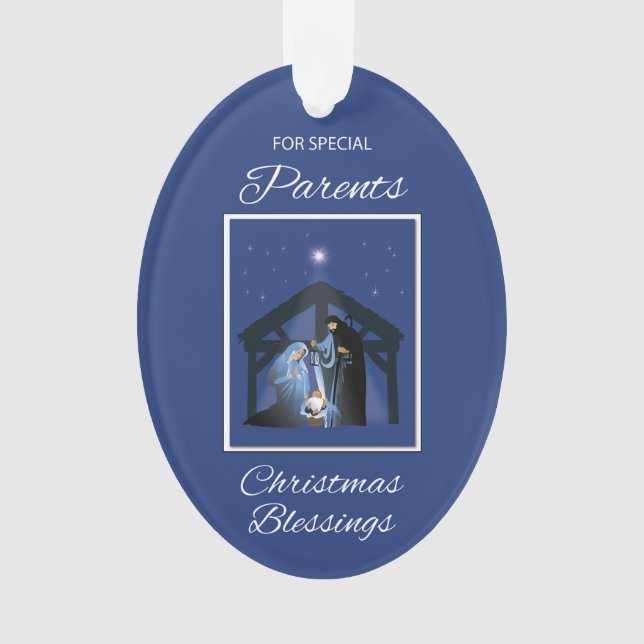 Ornamento Pais Bençãos Manger de Natal em Azul (Frente)