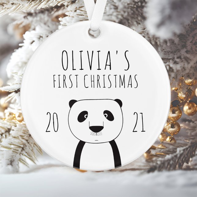 Ornamento Panda Fofinho Bebê Primeiro Natal Preto Branco (Criador carregado)