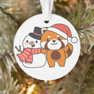 Ornamento Panda Vermelha Com Snowman No Inverno Para A Orna 