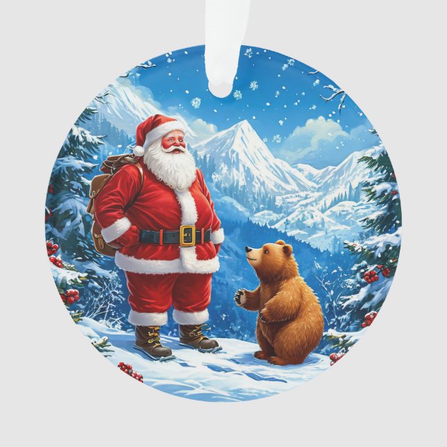 Ornamento Papai Noel encontra Urso Amigável na Montanha Snow (Frente)