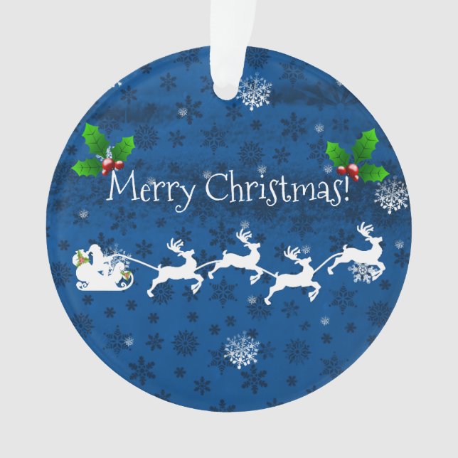 Ornamento Papais noeis Azuis Sleigh e Reindeer (Frente)