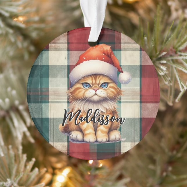 Ornamento Papais noeis de Xadrez de Natal Gato com Nome (Árvore)