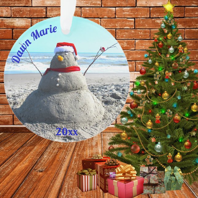 Ornamento Papais noeis personalizados de areia de praia "Sno (santa hat beach snowman ornament)