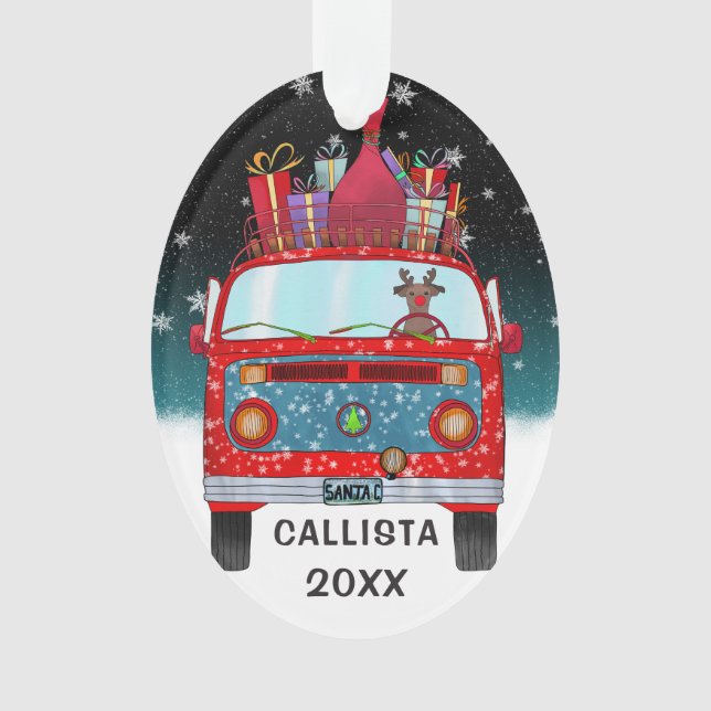 Ornamento Papais noeis vermelhos lindos Van Reindeer Cão Nev (Frente)