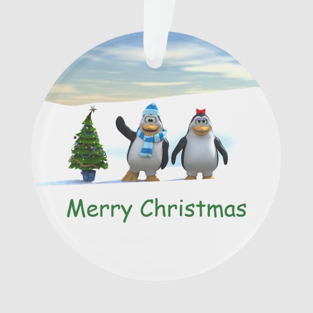 Ornamento Par Pinguim de Cartoon Gelado com Árvore (Frente)