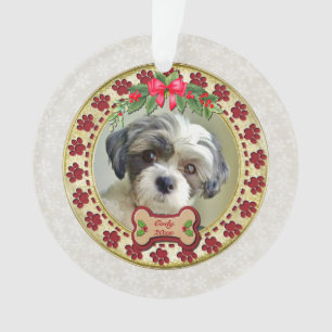 Ornamento Pegadas e Moldura Dourada Foto de Pet Personalizad