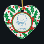 Ornamento Personalizado de 1rua de Natal do Santo<br><div class="desc">Ornament personalizável de 1rua de Natal do Santo Berry Baby apresentando um adorável bebê numa fronteira verde,  vermelha e sagrada com amora,  na frente,  enquanto no verso há o nome do bebê.</div>