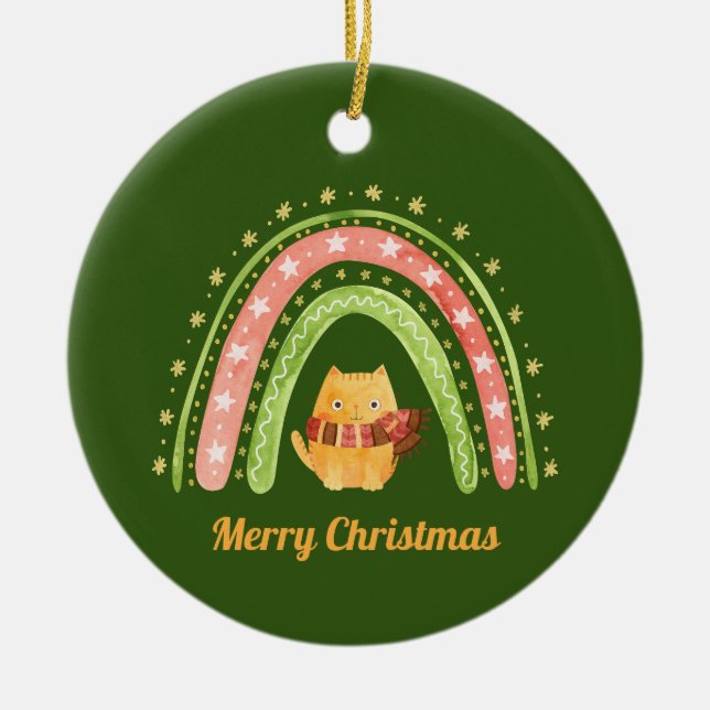 Ornamento Personalizado De Gato De Natal E Arco-Ír (Frente)