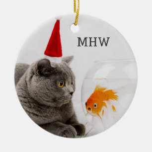Ornamento personalizado de gato e peixe engraçado