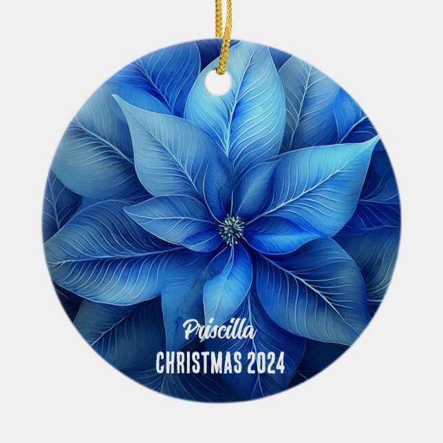 Ornamento Personalizado de Poinsettia Azul (Frente)