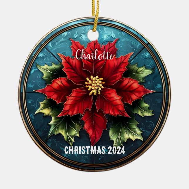 Ornamento Personalizado de Poinsettia Vermelha de  (Frente)