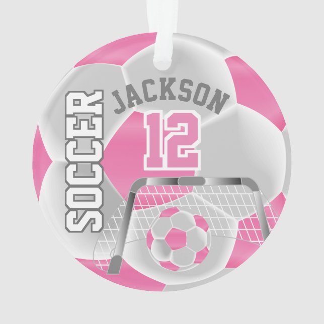 Ornamento Personalizar ⚽ de Futebol branco e cor-de-rosa (Verso)