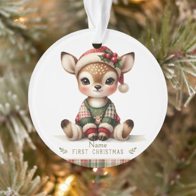Ornamento Personalized Baby Deer in Plaid Sweater (Árvore)
