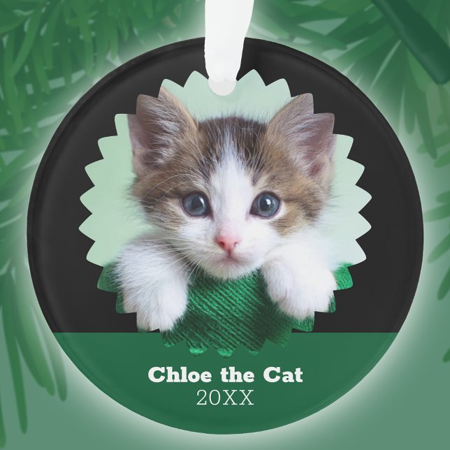 Ornamento Personalized Green and Black Photo of Cat on (Criador carregado)