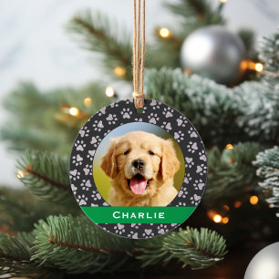 Ornamento Pet Paw Prateado Imprime o Nome Personalizado Verd