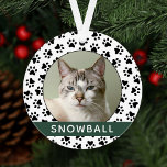 Ornamento Pet Paw Prints Green Personalized Cat Name Photo<br><div class="desc">Personalize this stylish paw print Christmas ornament design with your pet cat (or dog) name and a favorite photo of your furry family member. Background includes a modern black and white pet paw print pattern with a hunter green accent stripe.</div>